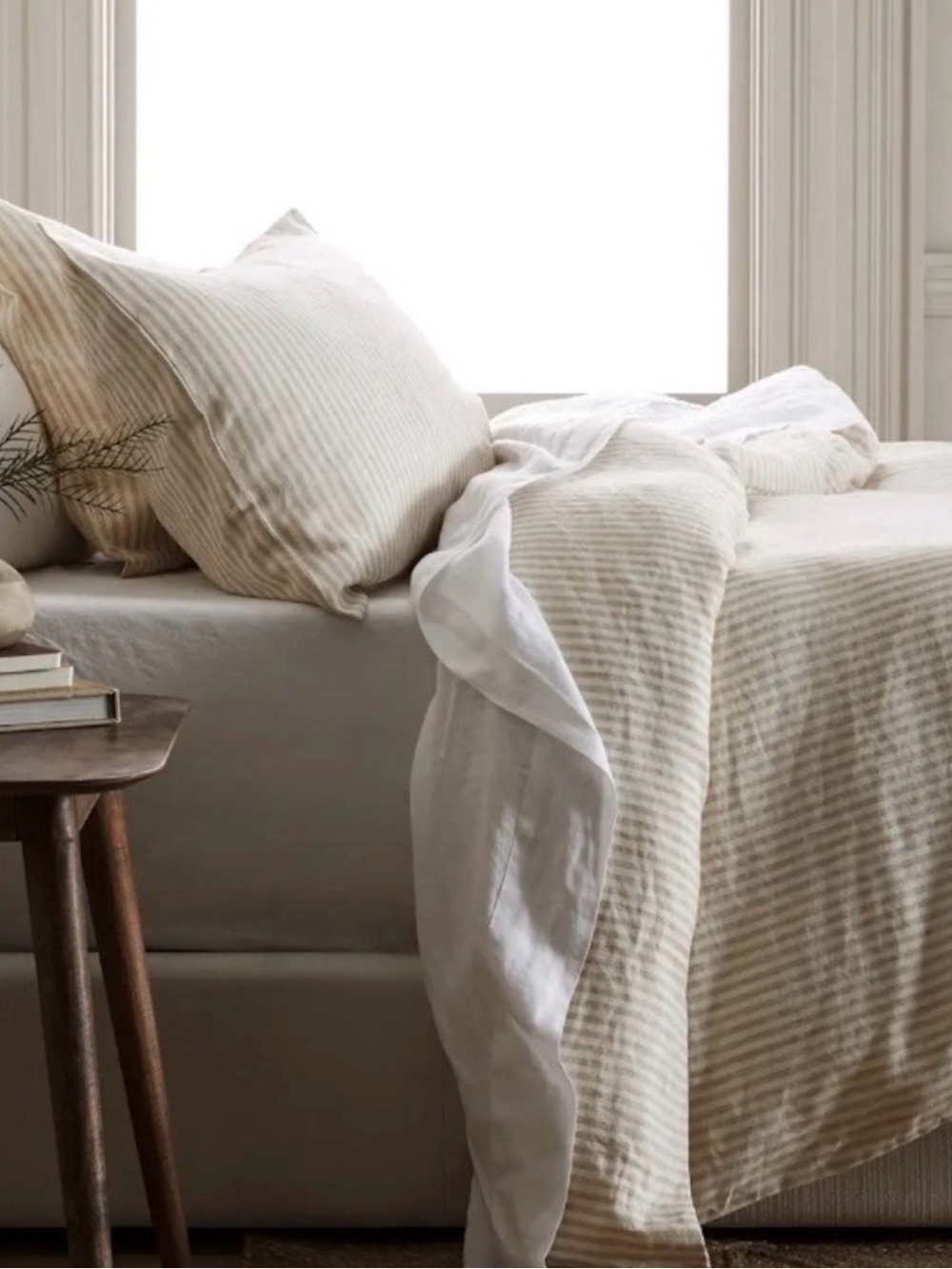 European Linen King/Cal King Tan and White Striped Duvet Set - Retail $224